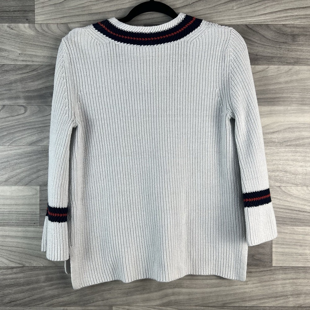 Cabi Pullover Sweater Women S White Striped 3/4 Flare Sleeve V Neck Cotton Blend - Picture 11 of 12